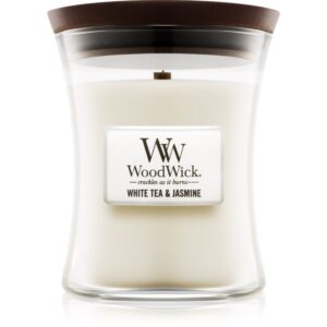 Woodwick White Tea & Jasmine candela profumata con stoppino in legno 275 g