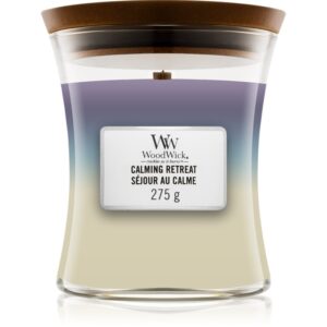 Woodwick Trilogy Calming Retreat candela profumata con stoppino in legno 275 g